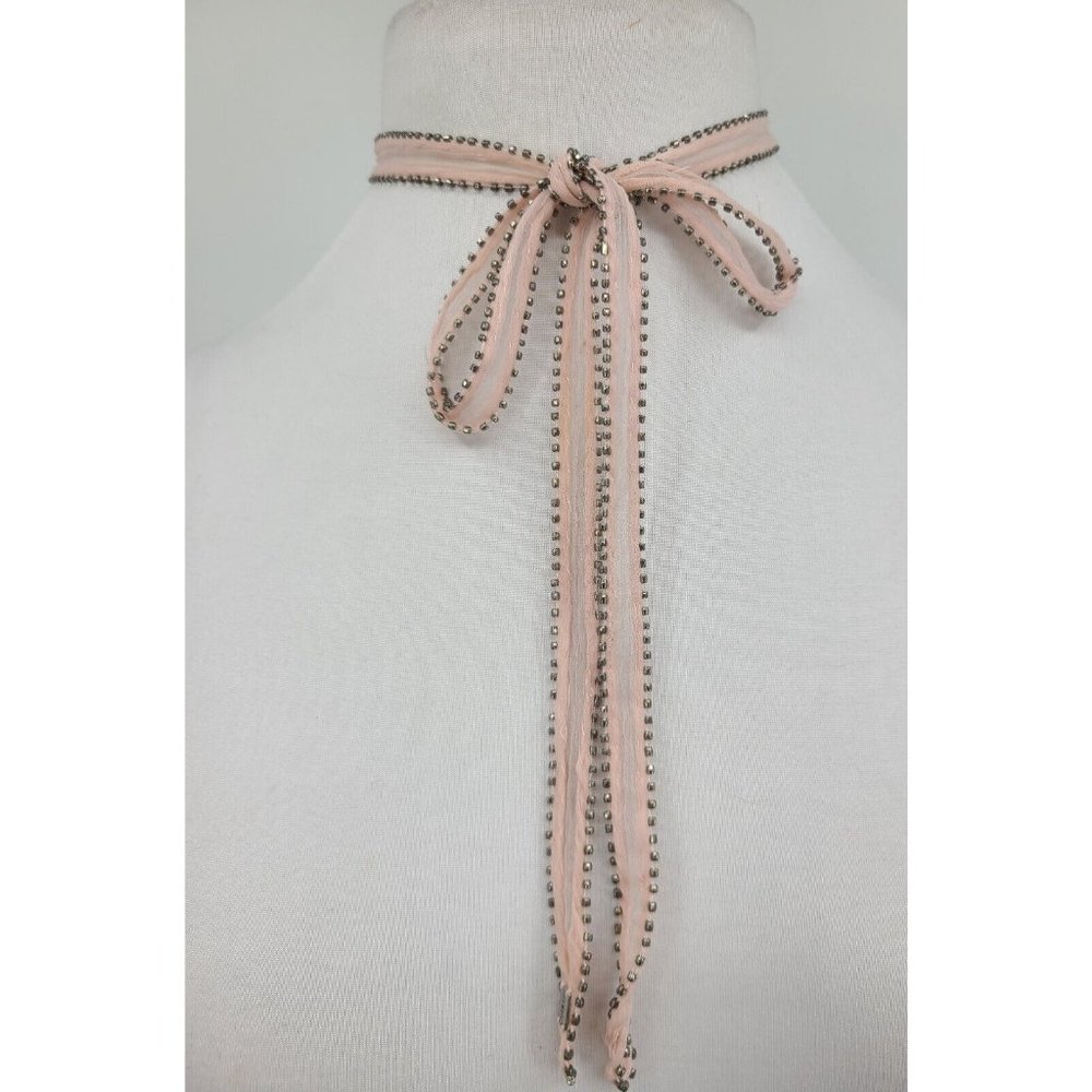 New Chan Luu Pink Chiffon Choker Necktie Scarf Necklace Beaded Embroidered